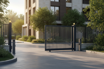 Cancello automatico di accesso a un condominio con dispositivi di sicurezza