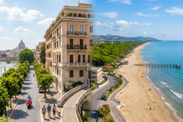 Composite view of Rome architecture beside a Mediterranean beach and coastline
